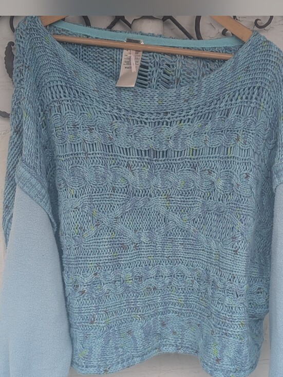 Free People Sweaters - Free People Oversized Speckled Light Blue Cable Knit Sweater Women's Size Large